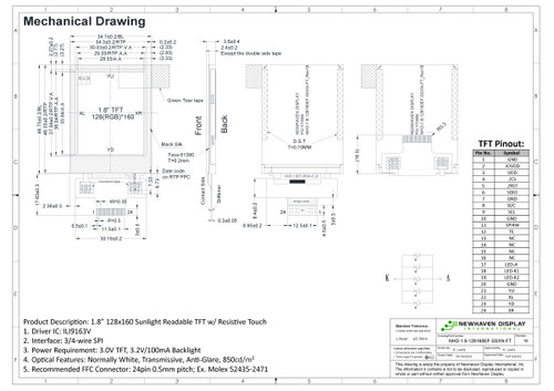 Especificación de dibujo para NHD-1.8-128160EF-SSXN-FT