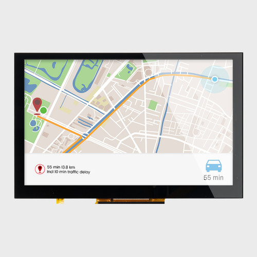 Front view of an 800x480 TFT LCD showing a touch-controlled automotive navigation interface.