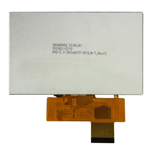 Flat silver backside of a TFT LCD with the model number (NHD-5.0-800480TF-ATXL#-T) printed in black text and an attached 40-pin FFC.