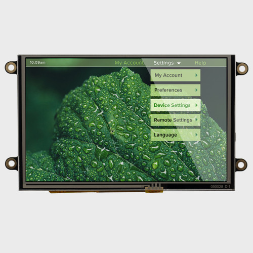 Front view of an 800x480 pixel TFT LCD module showing a touch-controlled device settings menu on a leaf image background.