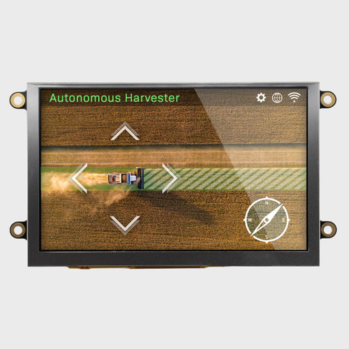 Front view of an 800x480 pixel TFT LCD showing a remote control screen for automated agricultural equipment.