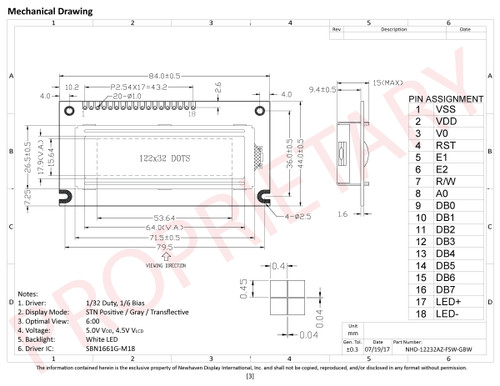 Especificación de dibujo para NHD-12232AZ-FSW-GBW