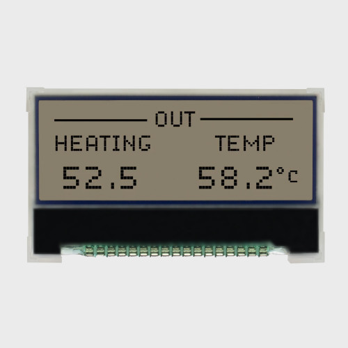 Front view of a 128x32 graphic COG LCD showing dark text on an unlit FSTN+ screen.