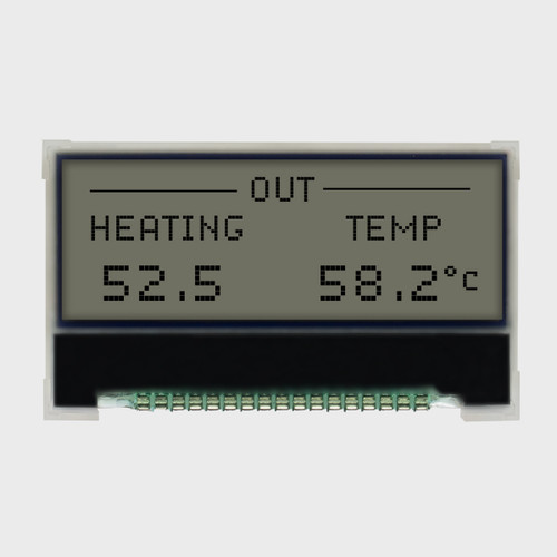 Front view of a 128x32 graphic COG LCD showing black pixels on a dark FSTN background depicting backlight off.