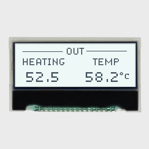 Front view of a 128x32 graphic COG LCD showing thermostat information in dark pixels on a backlit white background.