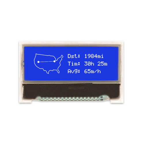 Front view of a 128x32 pixel graphic LCD without an attached PCB, showing a map of the US made of backlit white pixels on a dark blue screen.