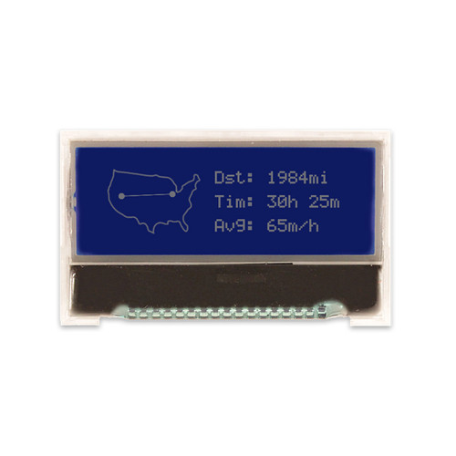 Front view of a 128x32 pixel graphic LCD without an attached PCB, showing a map of the US made of white pixels on an unlit STN- blue screen.