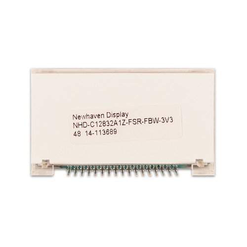 Flat silver backside of an LCD with 1x17 connection pins and the model number (NHD-C12832A1Z-FSR-FBW-3V3) printed in black text on a white label.