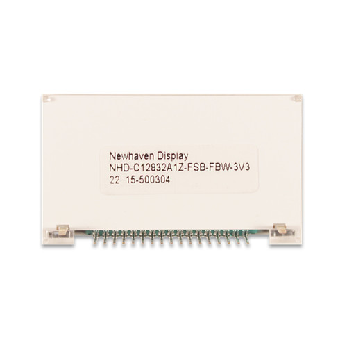 Flat silver backside of an LCD with 1x17 connection pins and the model number (NHD-C12832A1Z-FSB-FBW-3V3) printed in black text on a white label.