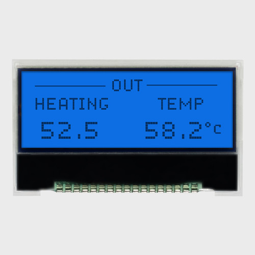 Front view of a 128x32 graphic COG LCD showing thermostat information in dark pixels on a backlit blue background.