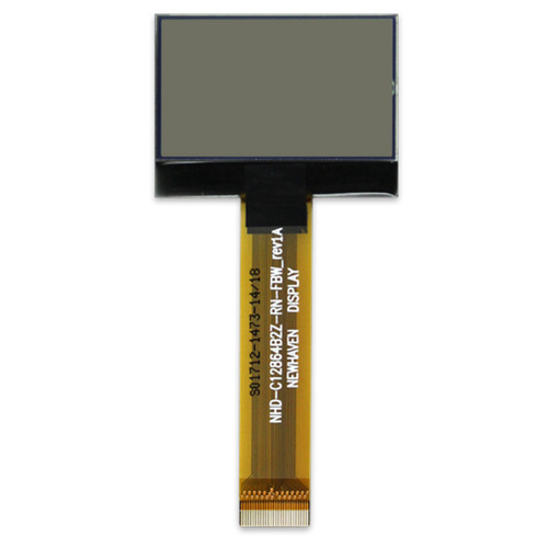 Front view of a PCB-less 128x64 pixel graphic LCD with an attached 27-pin FFC cable, with a blank FSTN+ gray screen.