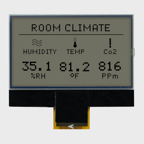 Front view of a 128x64 pixel graphic COG LCD showing dark text on an unlit FSTN+ gray background.