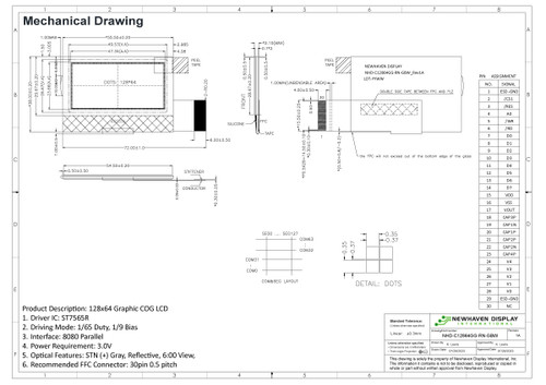 Especificación de dibujo para NHD-C12864GG-RN-GBW