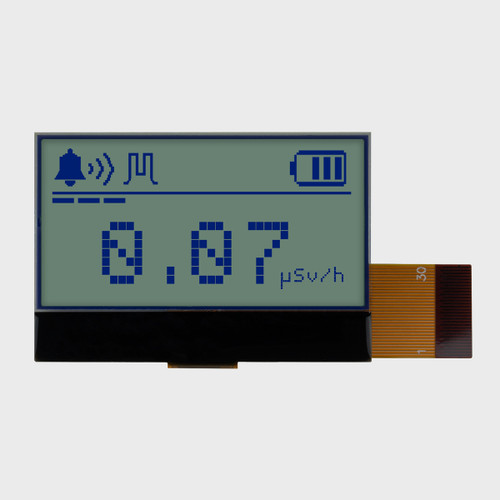 Front view of a 128x64 pixel graphic COG LCD with an attached 30-pin FFC showing a simple informational readout with dark text on an unlit STN+ gray screen.