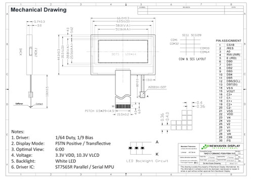 Specifiche di disegno per NHD-C12864WC-FSW-FBW-3V3