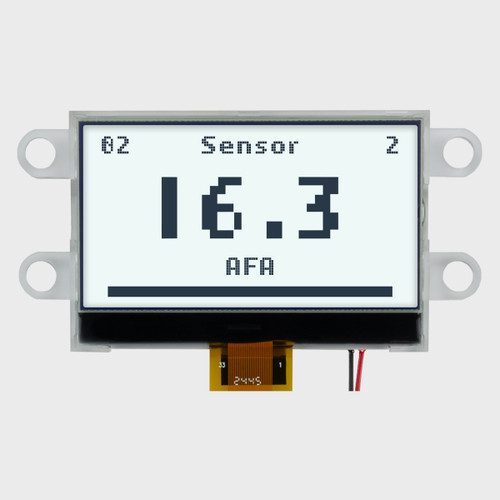 Front view of a 128x64 pixel graphic COG LCD with mounting tabs showing a simple informational readout in dark text on a backlit white background.