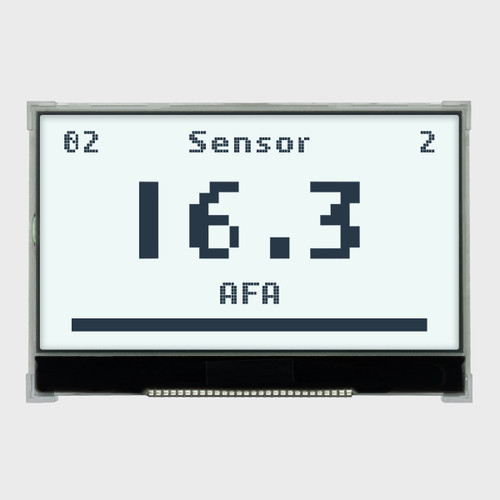 Front view of a 128x64 pixel graphic COG LCD showing a simple informational readout in dark text on a backlit white background.