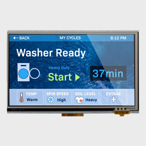 Front view of an 800x480 pixel TFT LCD with resistive touchscreen showing a washing machine menu for a smart appliance.