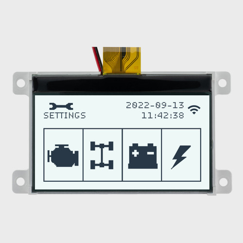 Front view of a 128x64 graphic COG LCD with mounting tabs showing automotive diagnostics in dark pixels on a white background display.