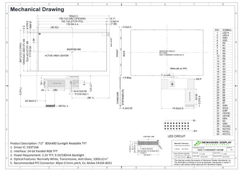 Specification drawing for NHD-7.0-800480EF-ASXN# LCD part number