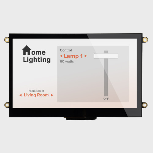 Front view of an 800x480 pixel TFT LCD module showing a touch-operated smart home lighting control menu.