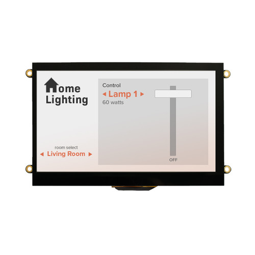 Front view of an 800x480 pixel TFT LCD showing a touch-controlled smart home lighting control slider.