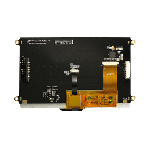 A black EVE controller circuit board with a 20-pin FFC and a box header connector mounted to the backside of a 7.0-inch TFT LCD.
