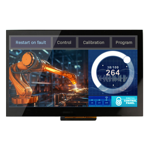 Front view of a bright 1024x600 pixel IPS TFT LCD showing touch controls for an automated factory line.