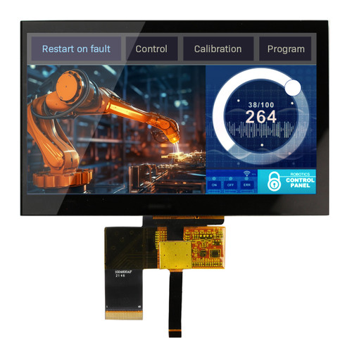 Front view of a bright 1024x600 pixel IPS TFT LCD with attached 40-pin and 6-pin touchscreen control FFCs showing touch controls for an automated factory line.