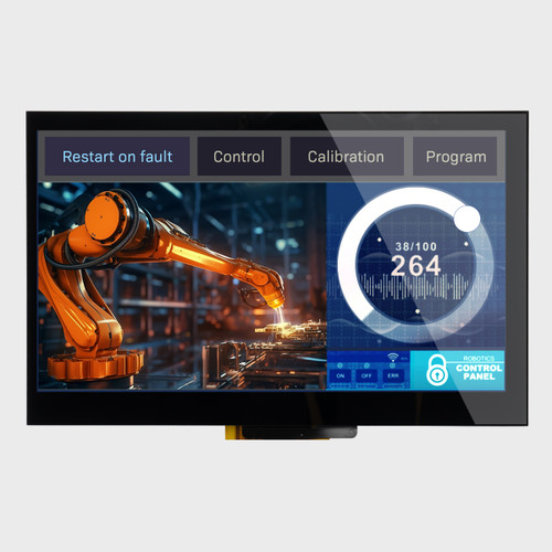 Front view of a bright 1024x600 IPS TFT LCD showing a touch-operated industrial control menu.