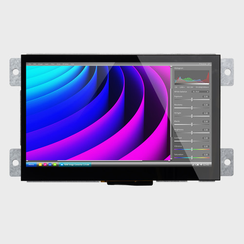 Front view of a bright 1024x600 IPS TFT LCD module showing menus for image editing software.