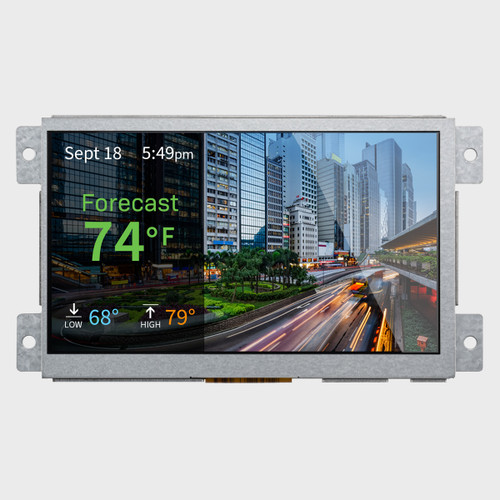Front view of a bright 1024x600 IPS TFT LCD module with mounting bracket showing a weather forecast over an image of a city street.