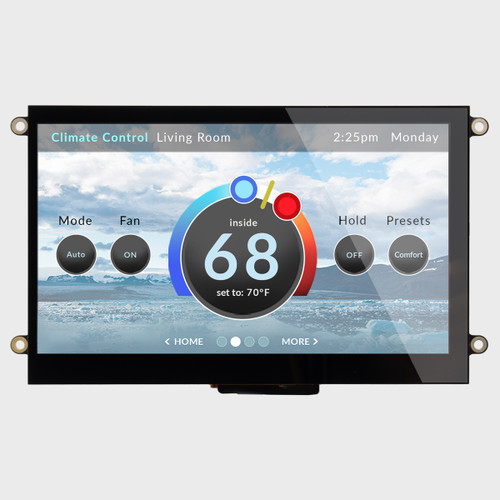 Front view of a 800x480 TFT LCD module showing a touch-operated climate control system.