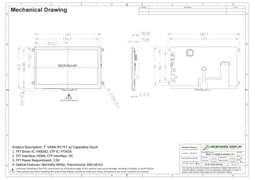 Measurements and specifications for NHD-7.0-HDMI-N-RSXN-CTU