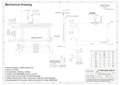 の図面仕様。NHD-C12864WO-B1TMI#-M