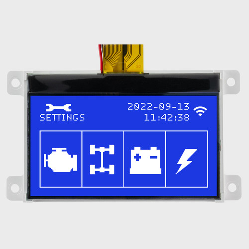 Front view of a 128x64 graphic COG LCD showing automotive diagnostics in white pixels on a vibrant blue background display.