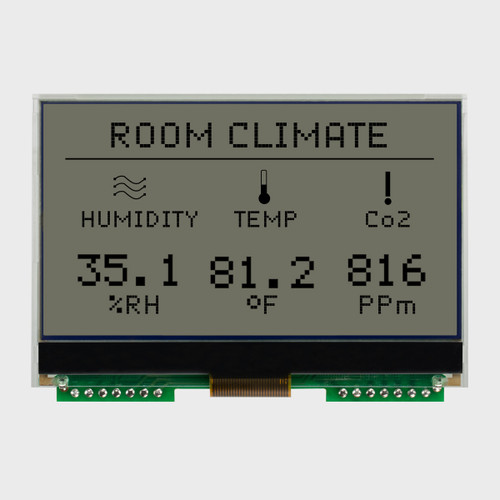Front view of a 128x64 pixel graphic COG LCD showing thermostat information in black pixels on an unlit FSTN+ gray background.