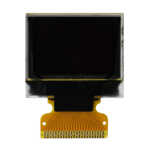 Front view of a 96x64 pixel graphic OLED display with an attached 23-pin FFC cable, and an inactive black screen.