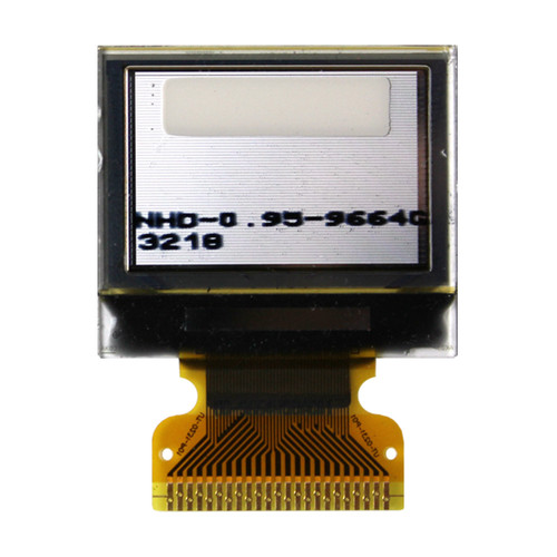 Back view of a 0.95-inch OLED display with a 23-pin FFC cable and the model number (NHD-0.95-9664G) printed in black on the silver backing.