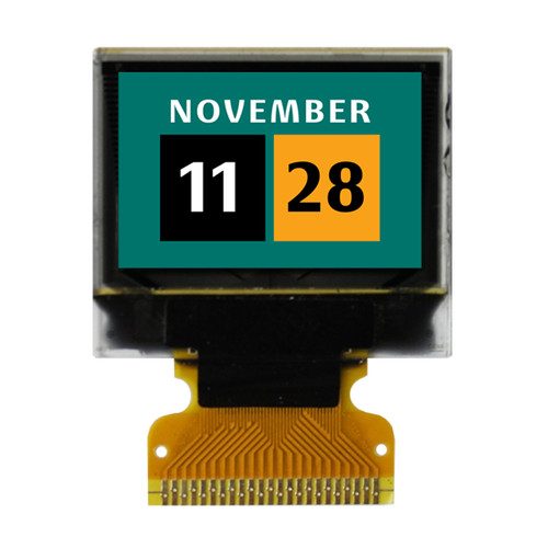 Front view of a 96x64 pixel graphic OLED display with an attached 23-pin FFC cable showing a full-color calendar graphic on a green background.