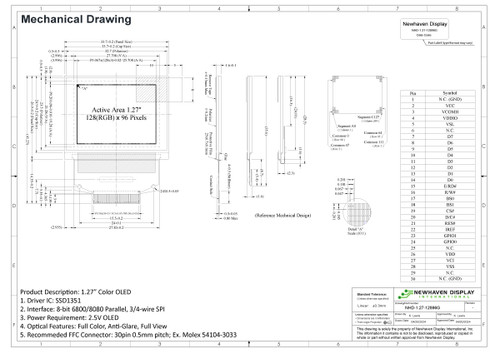 Especificação de desenho para NHD-1.27-12896G