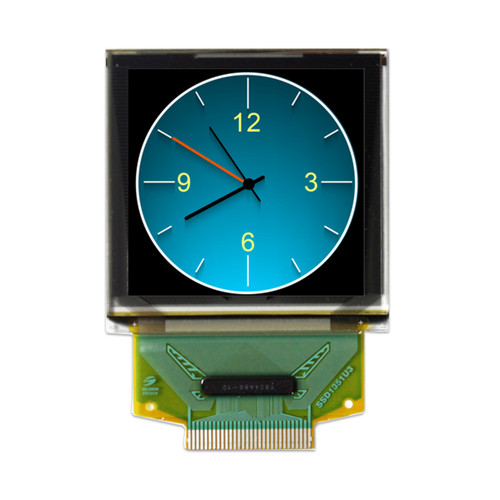 Front view of a 128x128 pixel graphic OLED display with an attached 30-pin FFC cable showing a full-color clock graphic on a black background.