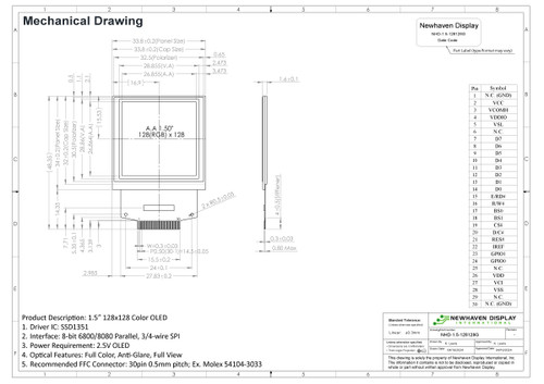 Especificación de dibujo para NHD-1.5-128128G