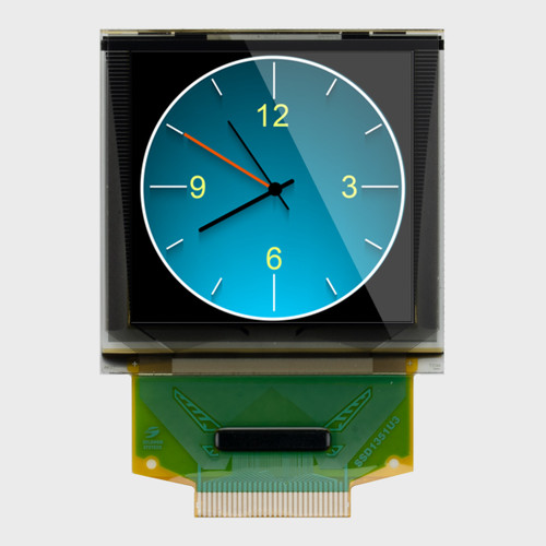Front view of a square 1.5 OLED glass display with 128x128 pixels, showing a full-color graphic for smart watch.