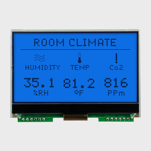 Front view of a 128x64 pixel graphic COG LCD showing thermostat information in dark pixels on a backlit blue background.
