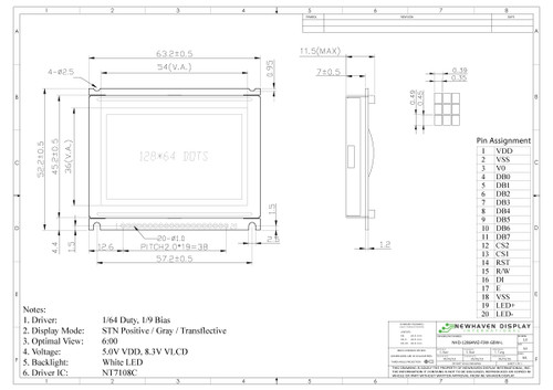 の図面仕様。NHD-12864MZ-FSW-GBW-L