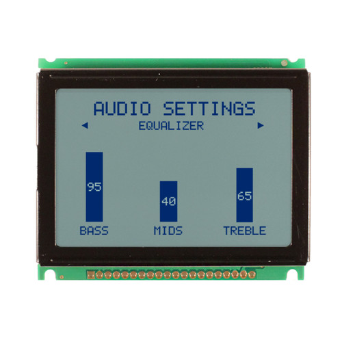 Front view of a 128x64 pixel graphic LCD showing a simple audio system menu made of dark pixels on an unlit STN+ gray screen.