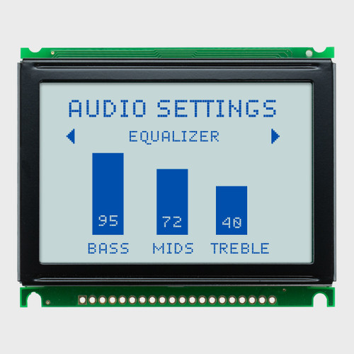 Front view of a 128x64 pixel graphic LCD showing blue pixels on a gray background.