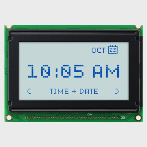 Front view of a 128x64 pixel graphic LCD showing a simple information readout made of dark pixels on a backlit white screen.