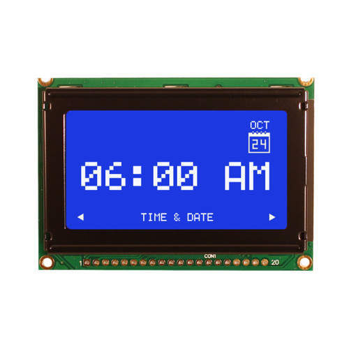 Front view of a 128x64 pixel graphic LCD showing a simple information readout made of backlit white pixels on a dark blue screen.